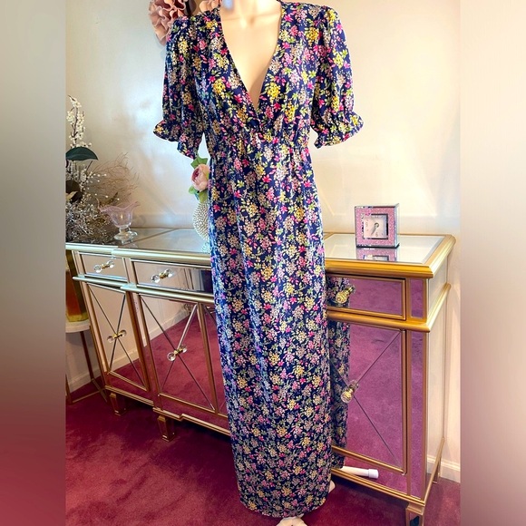 Floral print maxi dress short puff sleeves v-neckline empire waist side slits L - Picture 3 of 8